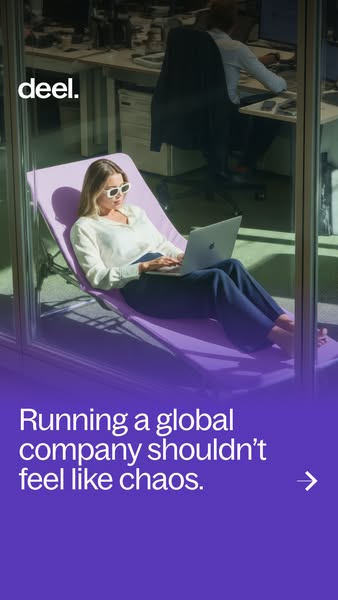 Woman in sunglasses working on a laptop while lying on a purple lounger in a sunlit office, with Deel headline below