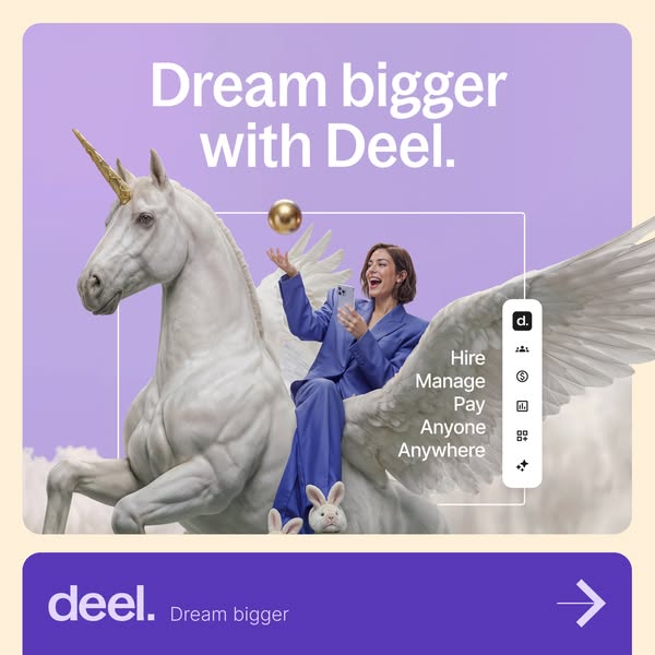 Smiling woman in a purple suit riding a white winged unicorn with a gold horn, next to a Deel menu bar on a lilac background