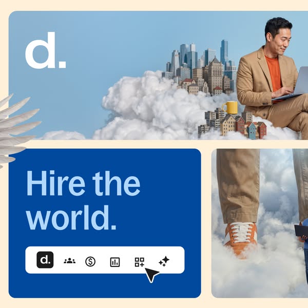 Man in a tan suit working on a laptop on clouds beside a miniature city, with Deel Hire the world headline and toolbar