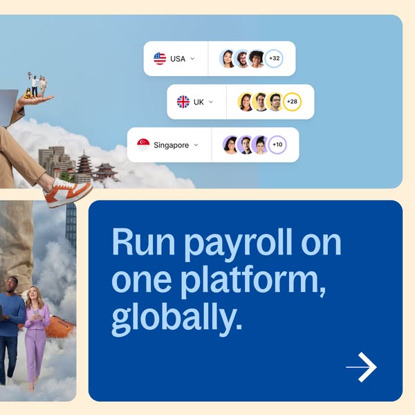 Deel ad with UI cards for USA, UK and Singapore teams over clouds and a blue panel saying Run payroll on one platform