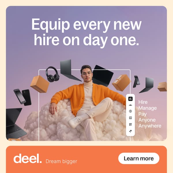 Young man in an orange cardigan sitting on a cloud surrounded by floating laptops, phones, headphones and boxes, Deel ad