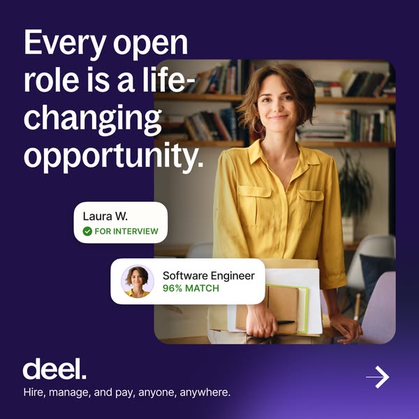 Smiling woman in a yellow shirt holding folders, with Deel UI cards for interview and 96% match on a dark purple background