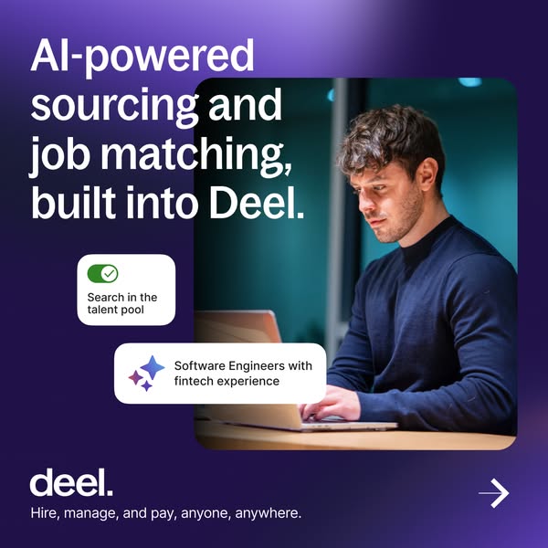 Man in a navy sweater working on a laptop with Deel UI cards for talent pool search and an AI prompt, purple background