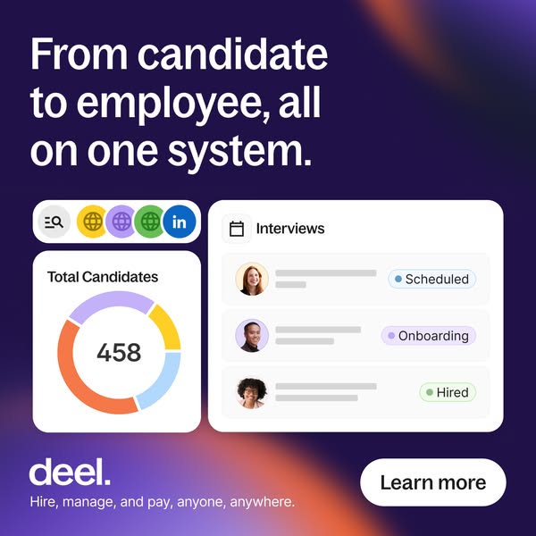 Deel ad with a donut chart of 458 candidates and an interview list showing Scheduled, Onboarding and Hired, on purple