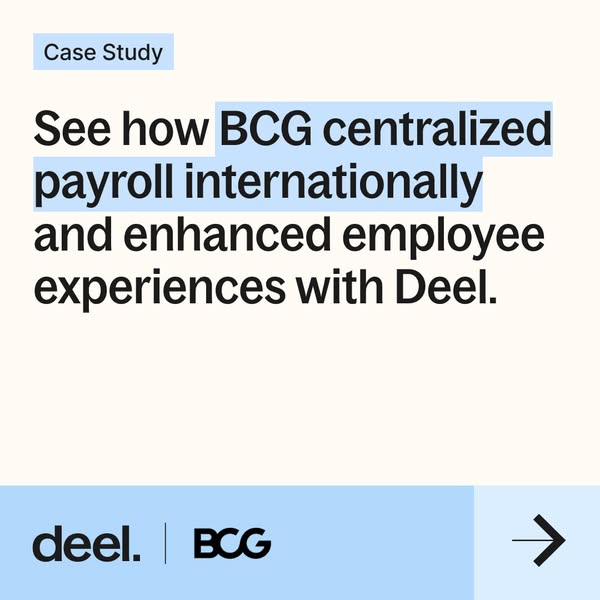 Text-only Deel ad on cream with a Case Study label and headline about BCG centralizing payroll, Deel and BCG logos below