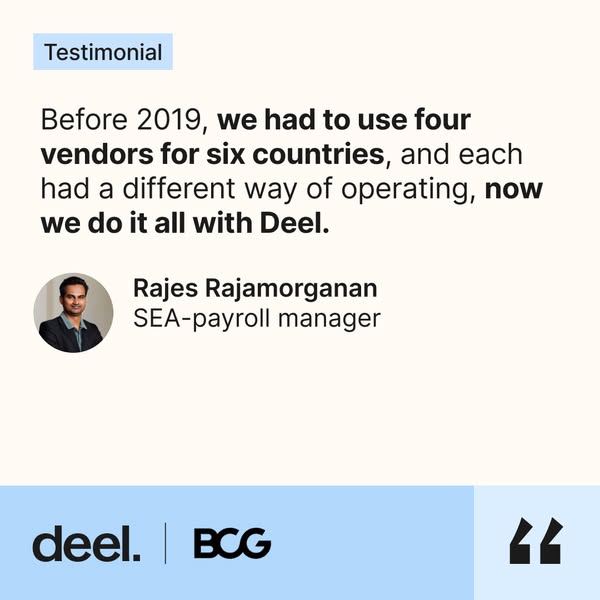 Deel testimonial slide quoting a BCG payroll manager about replacing four vendors with Deel, with headshot and logos