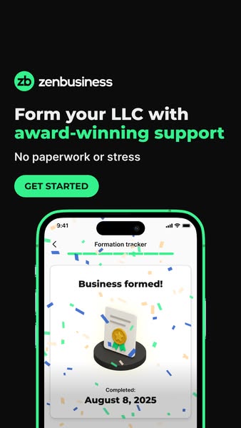 ZenBusiness ad: phone with a Business formed! confetti screen under the headline Form your LLC with award-winning support