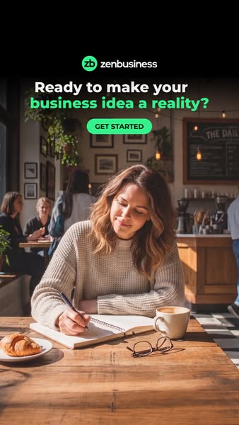 Smiling woman writing in a notebook in a café with coffee, under the headline Ready to make your business idea a reality?