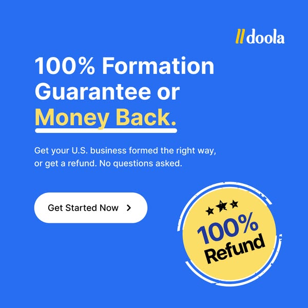 Blue doola ad with headline 100% Formation Guarantee or Money Back, a white CTA button and a yellow 100% Refund stamp