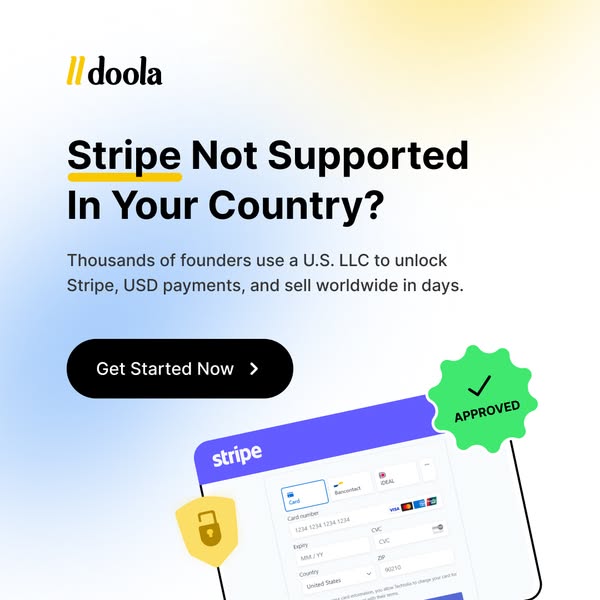 doola ad asking Stripe Not Supported In Your Country, with a Stripe checkout mockup, a green Approved badge and a black CTA