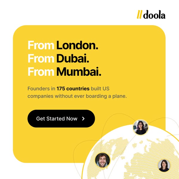 Yellow doola ad reading From London. From Dubai. From Mumbai. with a dotted globe and three founder profile photos