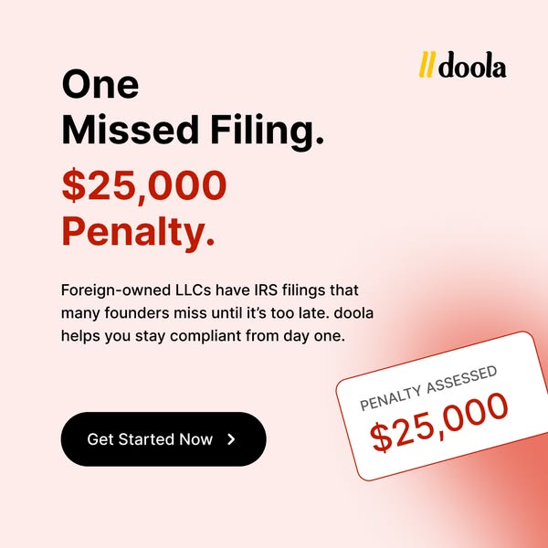 Pink doola ad reading One Missed Filing. $25,000 Penalty. in red, with a tilted Penalty Assessed $25,000 notice card
