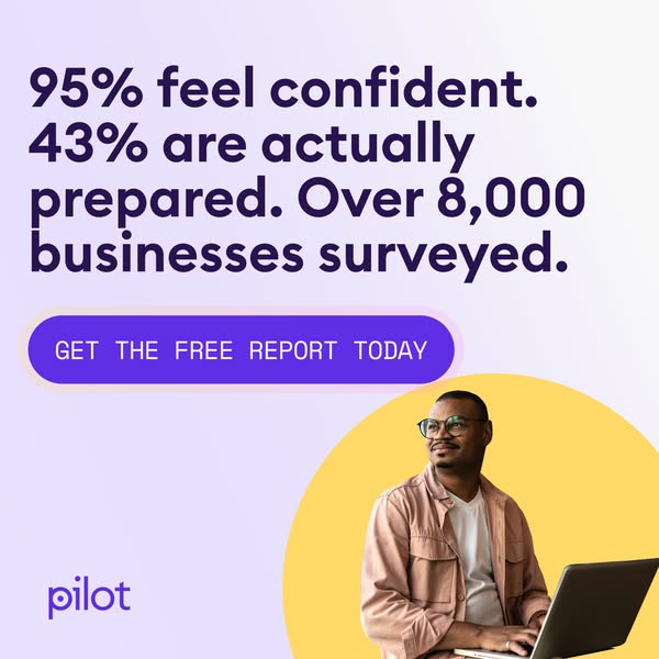 Pilot ad stating 95% feel confident, 43% prepared, with a free report button and a man with a laptop in a yellow circle