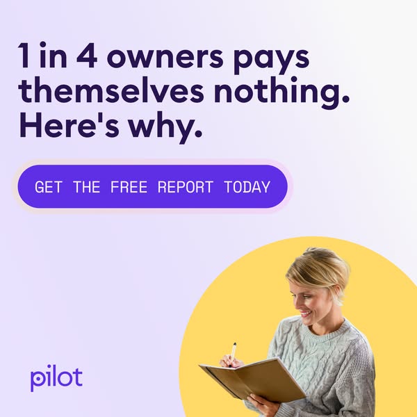 Pilot ad saying 1 in 4 owners pay themselves nothing, with a free report button and a woman writing in a notebook