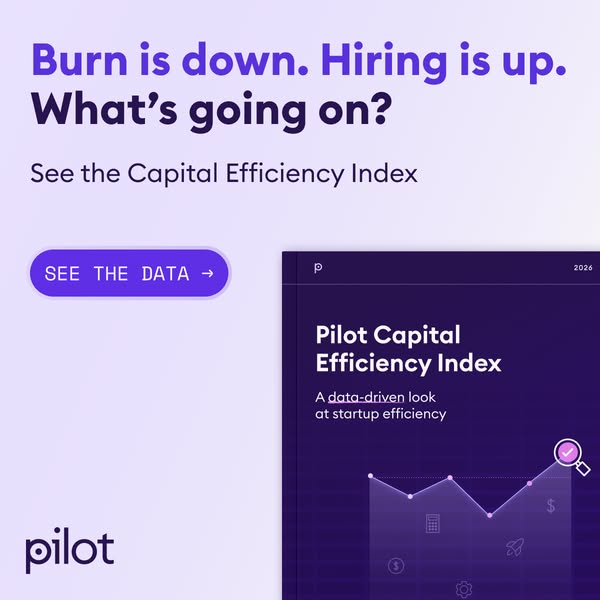 Pilot ad with headline burn is down, hiring is up, a See the data button and the Capital Efficiency Index report cover