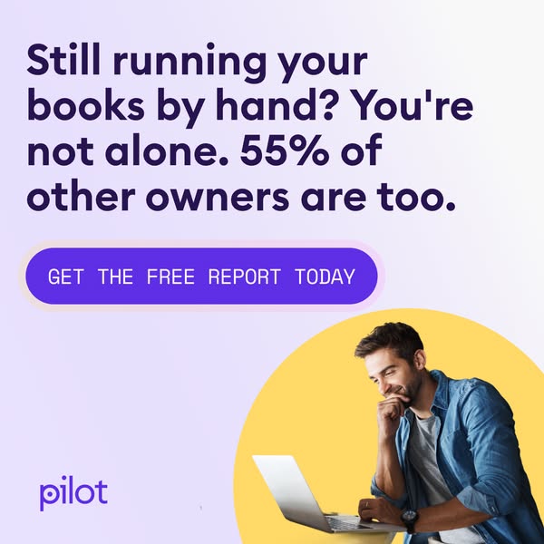 Pilot ad asking if you still run your books by hand, 55% stat, free report button and a man smiling at a laptop