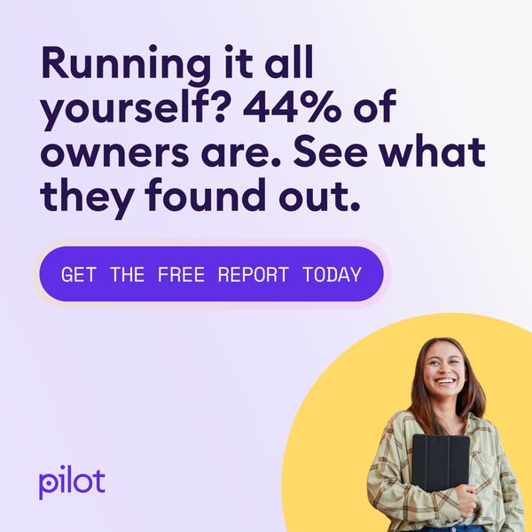 Pilot ad with 44% of owners run it all themselves, a free report button and a smiling woman holding a tablet