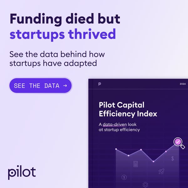 Pilot ad saying funding died but startups thrived, a See the data button and the Capital Efficiency Index cover