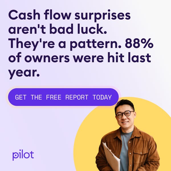 Pilot ad saying cash flow surprises are a pattern, 88% stat, free report button and a smiling man holding papers