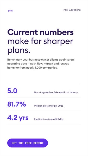 Vertical Pilot ad for advisors with headline, three benchmark stats and a Get the free report button