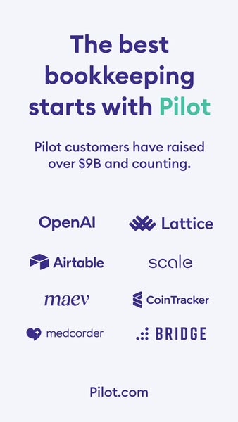 Vertical Pilot ad: The best bookkeeping starts with Pilot, $9B raised and a grid of startup customer logos