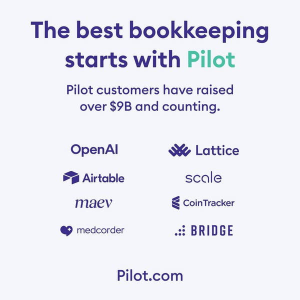 Square Pilot ad: The best bookkeeping starts with Pilot, $9B raised and a grid of eight startup customer logos
