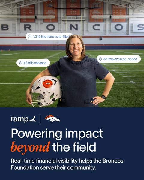 Woman holding a Broncos helmet on an indoor field, with Ramp UI chips showing invoices auto-coded and bills released