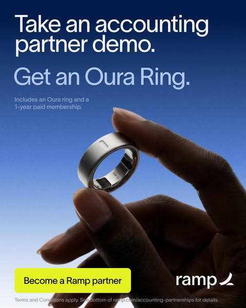Hand holding a silver Oura Ring against a blue gradient with text: Take an accounting partner demo. Get an Oura Ring.
