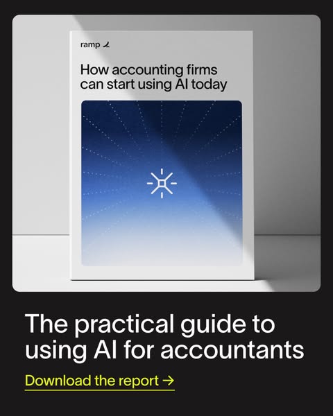 3D mockup of a Ramp report titled How accounting firms can start using AI today, above a headline on a black background