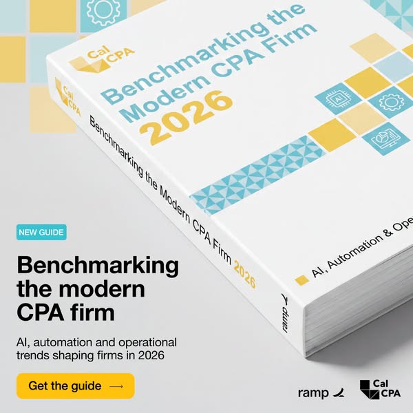 Thick white book titled Benchmarking the Modern CPA Firm 2026 with yellow and blue tiles, beside a Get the guide button
