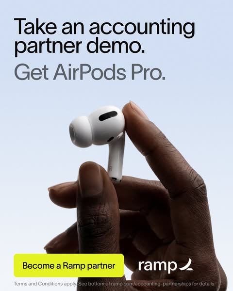 Hand pinching a white AirPods Pro earbud on a light blue background with text: Take an accounting partner demo.