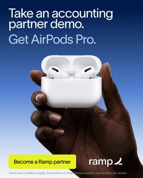 Hand holding an open AirPods Pro case with both earbuds on a deep blue gradient, with demo offer text and a yellow button
