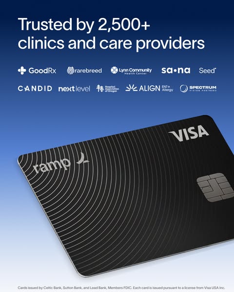 Black Ramp Visa corporate card below a row of healthcare logos and the headline Trusted by 2,500+ clinics and care providers