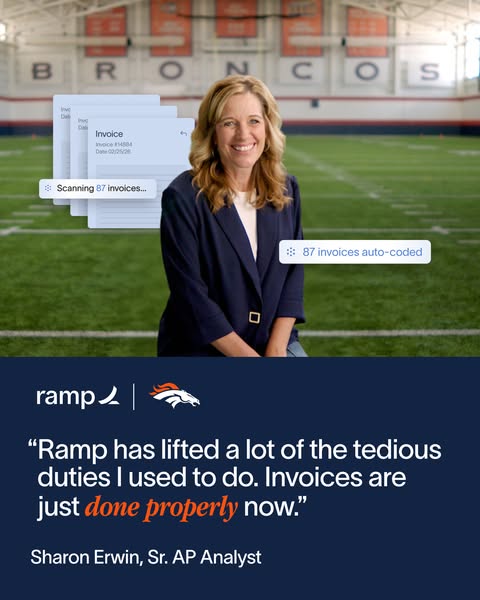 Smiling woman in a navy blazer on the Broncos field next to floating invoice cards and an 87 invoices auto-coded chip