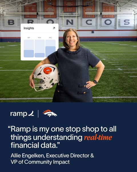 Woman with a Broncos helmet on an indoor field beside a floating Ramp Insights bar chart, above a navy quote panel