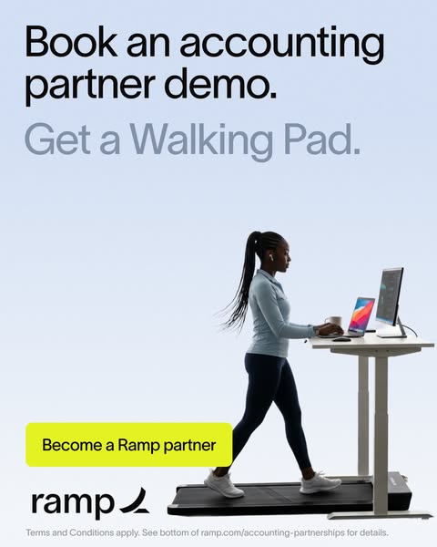 Woman walking on an under-desk walking pad at a standing desk on a light blue background with Ramp demo offer text