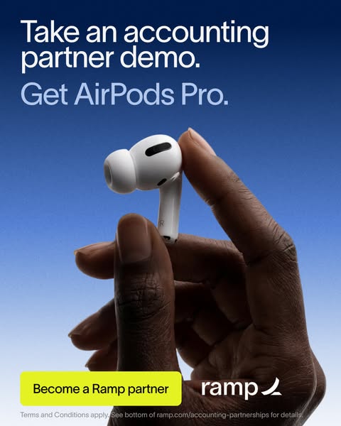 Hand pinching a white AirPods Pro earbud on a dark-to-bright blue gradient with demo offer headline and a neon CTA