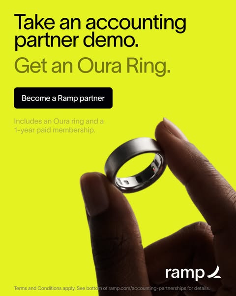 Hand holding a dark Oura Ring on a neon yellow background with a black Become a Ramp partner button and demo offer text