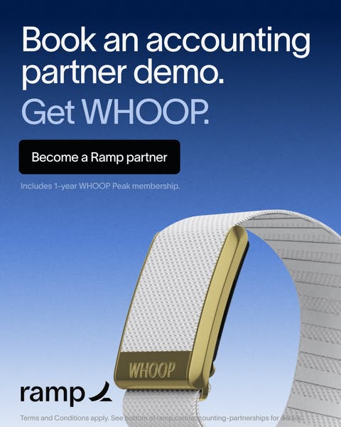 Large white knit WHOOP band with a gold clasp on a blue gradient, with Book an accounting partner demo. Get WHOOP. text