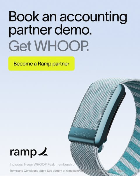 Large teal striped WHOOP band on a light blue background with demo offer text and a yellow Become a Ramp partner button