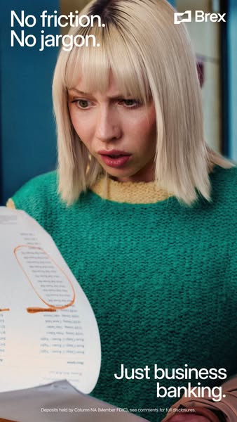 Woman in a green sweater looking shocked at a long bank statement, text No friction. No jargon. Just business banking.