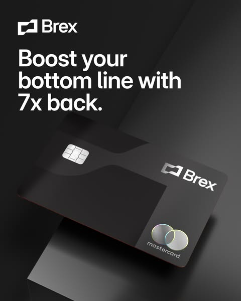 Black Brex Mastercard corporate card tilted on a dark grey background under the headline Boost your bottom line with 7x back