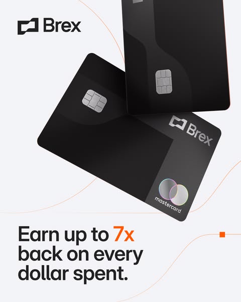 Two black Brex corporate cards floating on light grey above the text Earn up to 7x back on every dollar spent