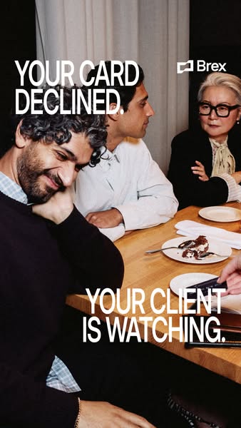 Embarrassed man at a restaurant table as a client watches, text Your card declined. Your client is watching.