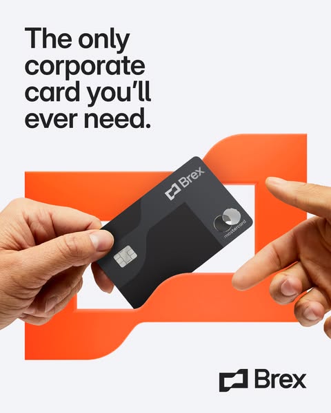 One hand passing a black Brex Mastercard to another hand in front of a large orange Brex logo shape on a light background
