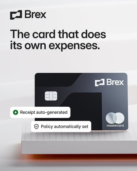 Black Brex card on a white podium with UI labels Receipt auto-generated and Policy automatically set