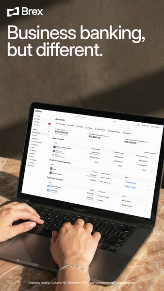 Hands typing on a laptop showing the Brex accounts dashboard, headline Business banking, but different