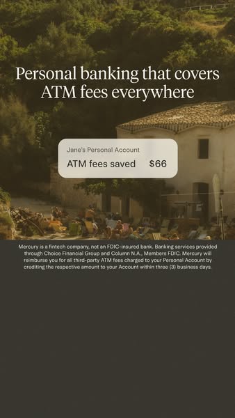 Mercury ad with Mediterranean village photo, headline about ATM fees and a card showing $66 ATM fees saved