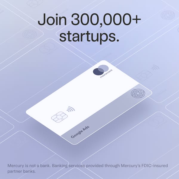 White Mercury Mastercard labelled Google Ads floating on lavender card grid under headline Join 300,000+ startups