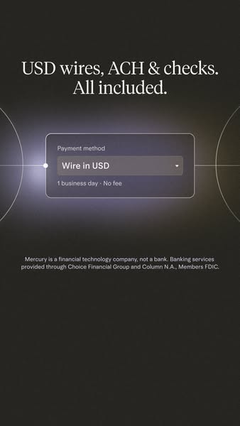 Dark Mercury story ad with a glowing payment method dropdown showing Wire in USD, 1 business day, no fee